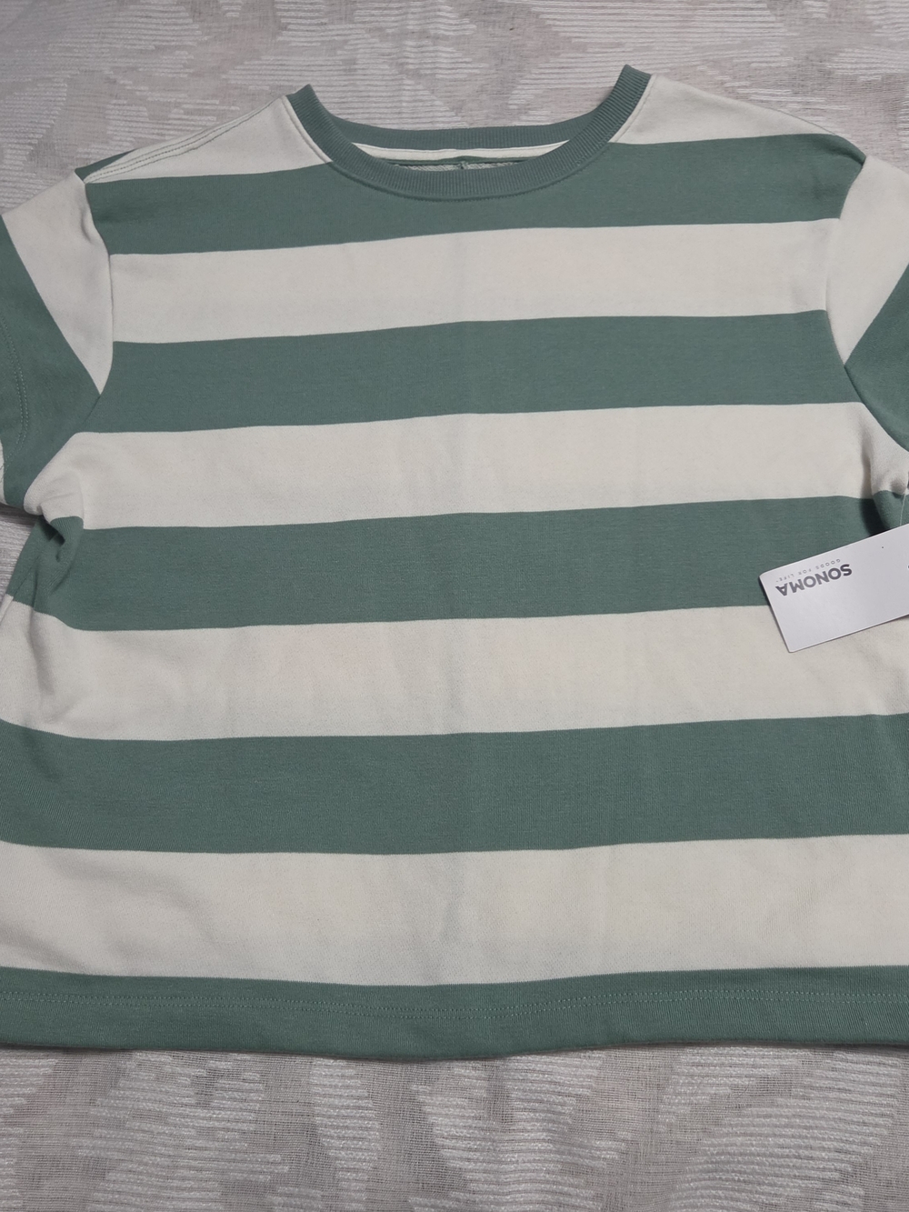 NWT Sonoma Women's M Green & White Striped Crop Sweater Crew Neck Short Sleeve T